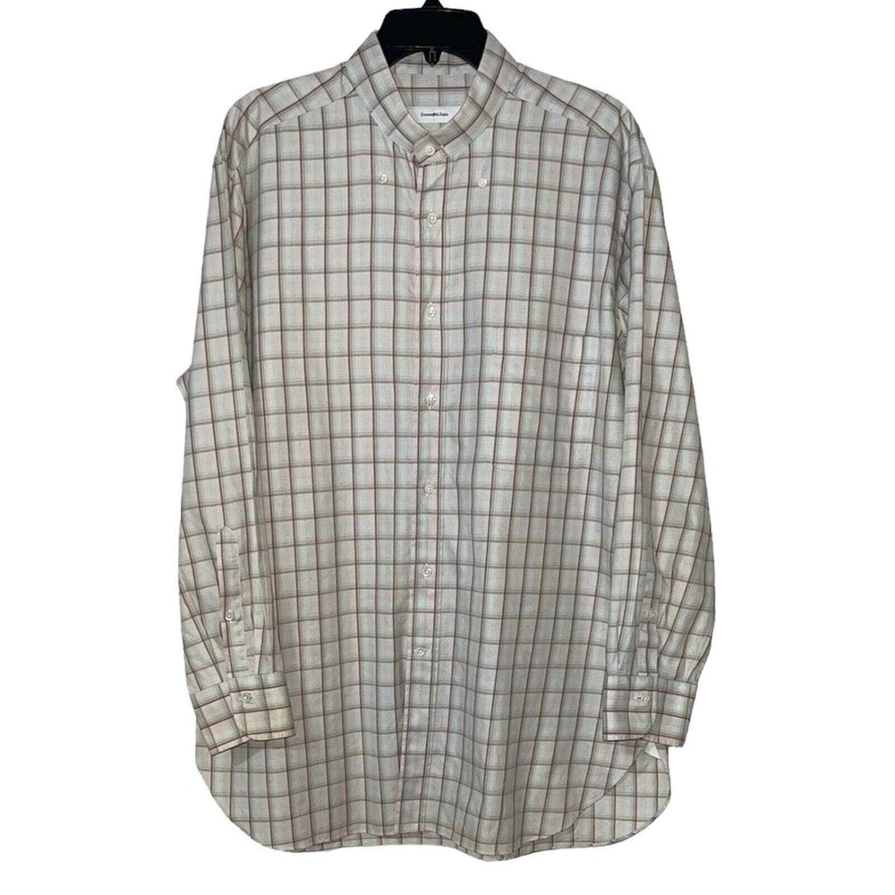 Ermenegildo Zegna Plaid Button Down Mens 17 43 Blue Tan Cotton Spain Band XL